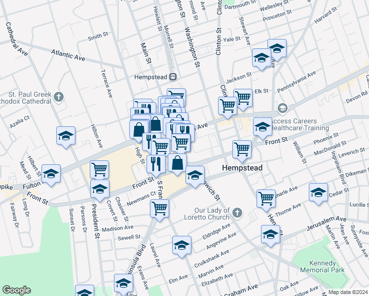map of restaurants, bars, coffee shops, grocery stores, and more near 35A Main Street in Hempstead