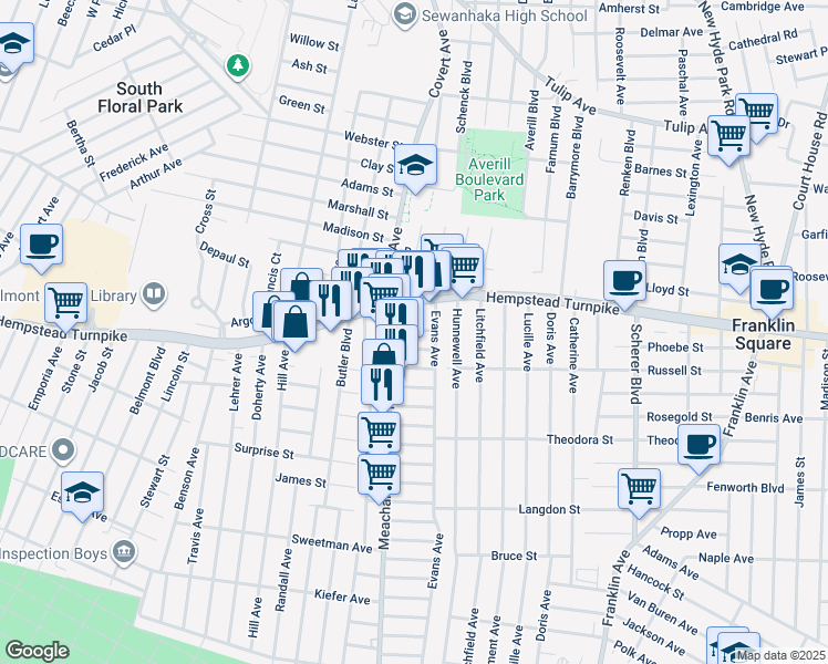 map of restaurants, bars, coffee shops, grocery stores, and more near 42 Evans Avenue in Elmont