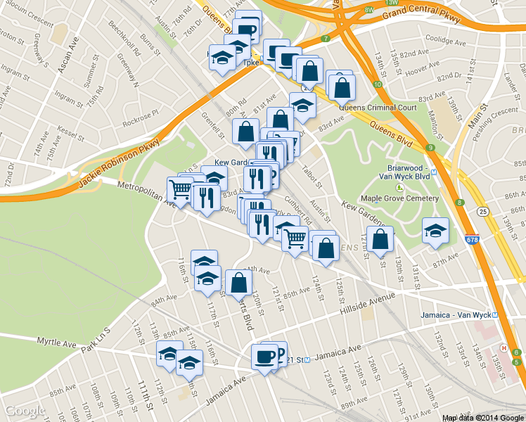 map of restaurants, bars, coffee shops, grocery stores, and more near 84-1 Abingdon Road in Queens