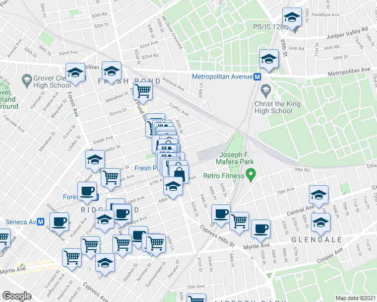 map of restaurants, bars, coffee shops, grocery stores, and more near 64-14 Madison Street in Queens