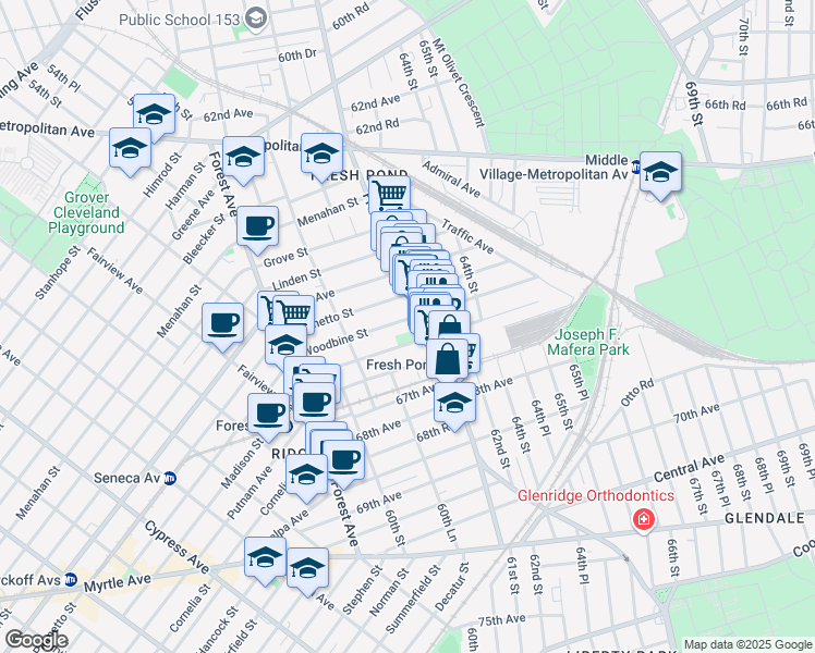map of restaurants, bars, coffee shops, grocery stores, and more near 60-39 Madison Street in Queens