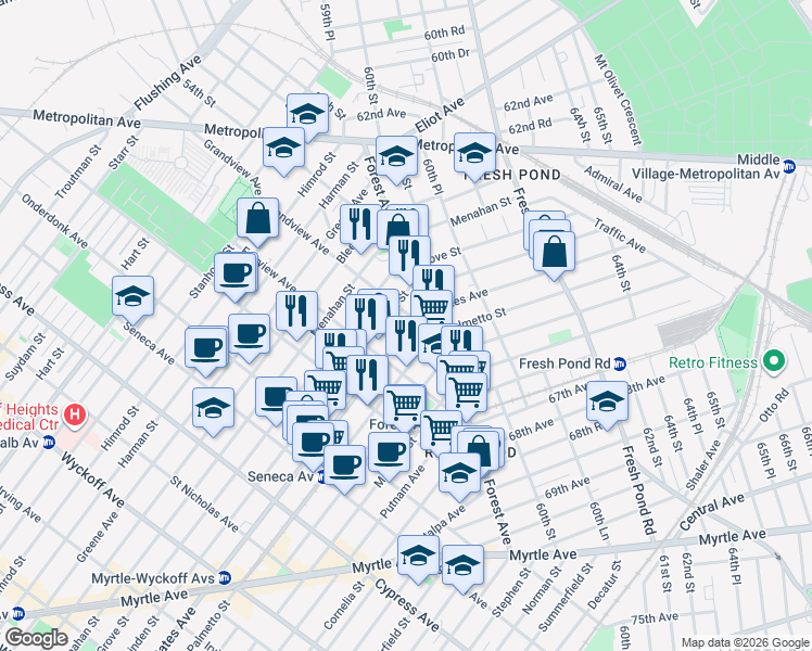 map of restaurants, bars, coffee shops, grocery stores, and more near 20-41 Gates Avenue in Queens
