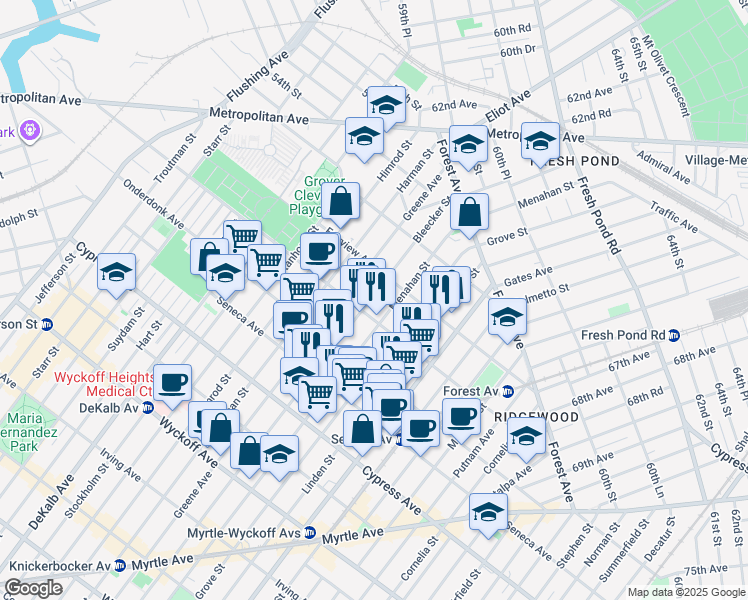 map of restaurants, bars, coffee shops, grocery stores, and more near 5-16 Woodward Avenue in Queens
