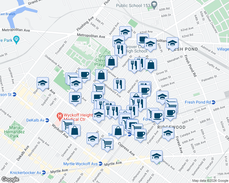 map of restaurants, bars, coffee shops, grocery stores, and more near 5-16 Woodward Avenue in Queens