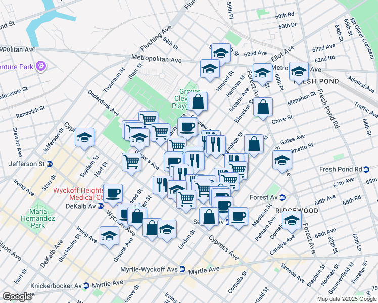 map of restaurants, bars, coffee shops, grocery stores, and more near 18-67 Greene Avenue in Queens
