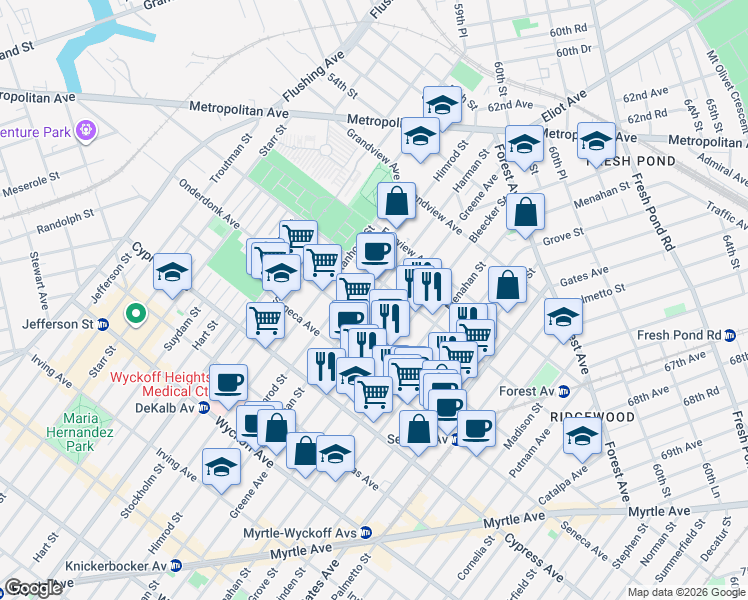 map of restaurants, bars, coffee shops, grocery stores, and more near 18-67 Greene Avenue in Queens