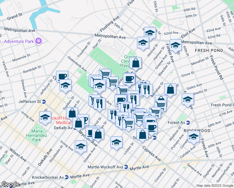 map of restaurants, bars, coffee shops, grocery stores, and more near 456 Onderdonk Avenue in Queens