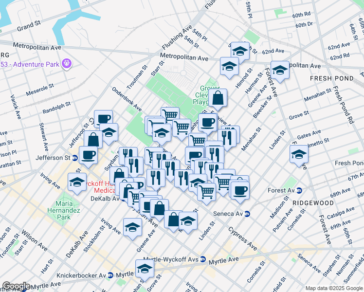 map of restaurants, bars, coffee shops, grocery stores, and more near in Queens