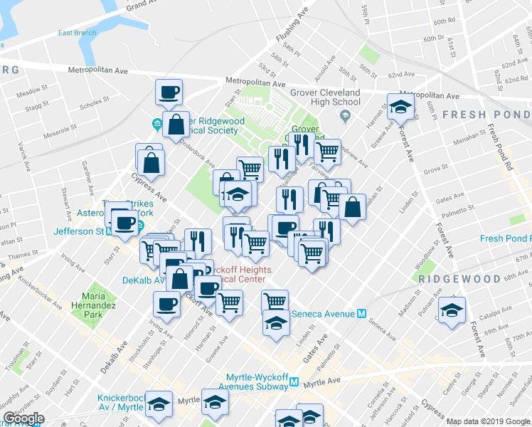 map of restaurants, bars, coffee shops, grocery stores, and more near in Queens
