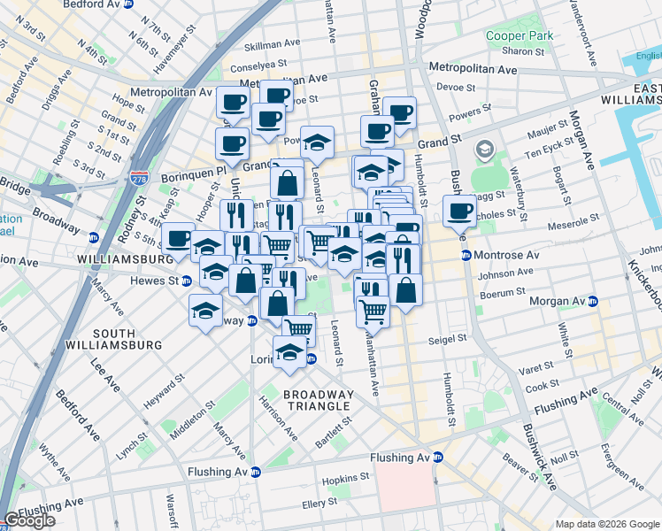 map of restaurants, bars, coffee shops, grocery stores, and more near 71 Montrose Avenue in Brooklyn