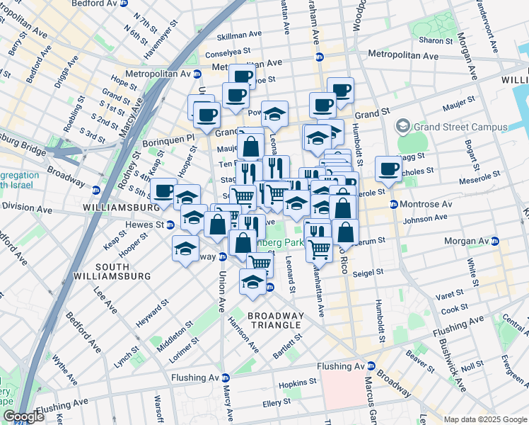 map of restaurants, bars, coffee shops, grocery stores, and more near 71 Montrose Avenue in Brooklyn