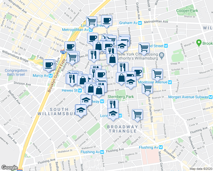 map of restaurants, bars, coffee shops, grocery stores, and more near 210 Union Avenue in Brooklyn