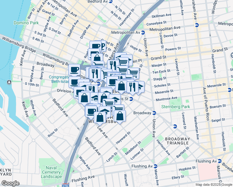 map of restaurants, bars, coffee shops, grocery stores, and more near 299 Division Avenue in Brooklyn