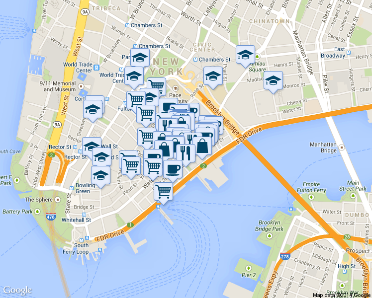 map of restaurants, bars, coffee shops, grocery stores, and more near 266 Pearl Street in New York