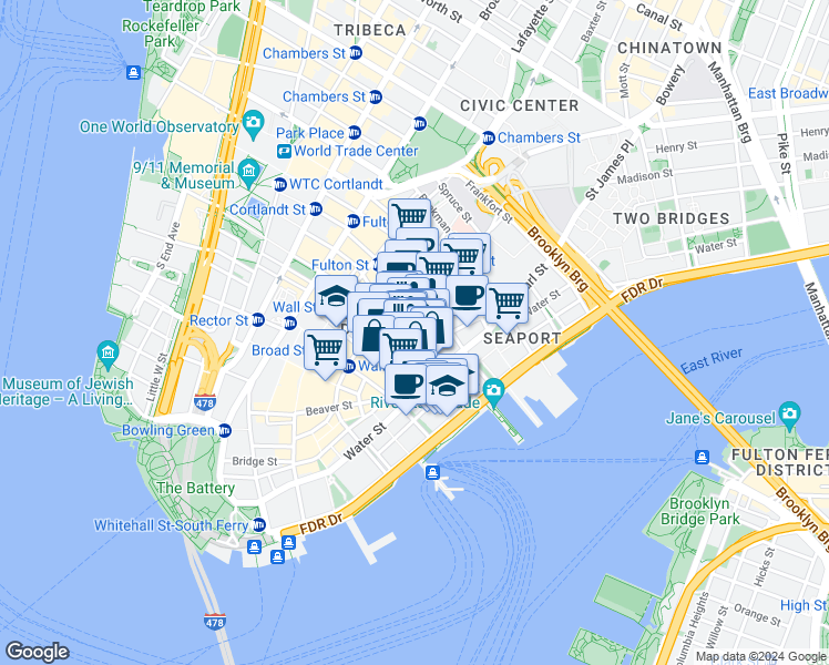 map of restaurants, bars, coffee shops, grocery stores, and more near 101 Maiden Lane in New York