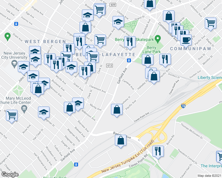 map of restaurants, bars, coffee shops, grocery stores, and more near 2 Claremont Avenue in Jersey City