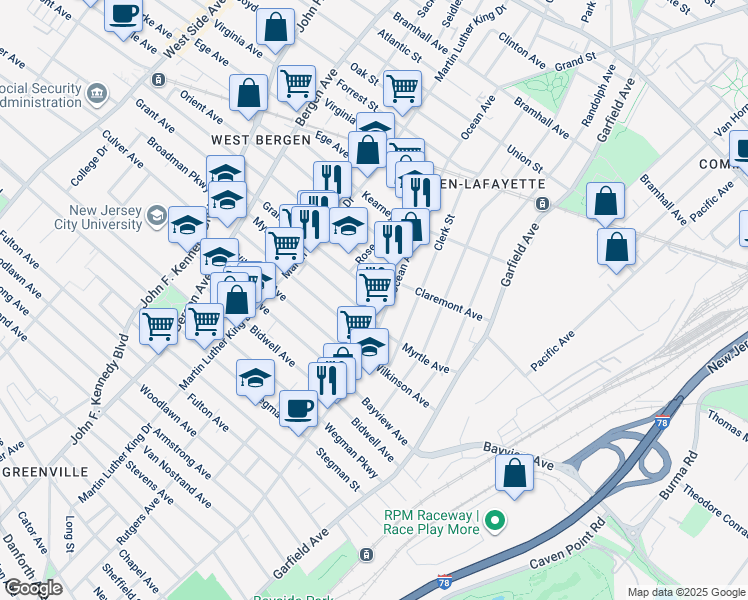 map of restaurants, bars, coffee shops, grocery stores, and more near 91 Myrtle Avenue in Jersey City