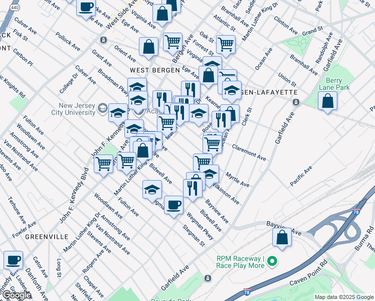 map of restaurants, bars, coffee shops, grocery stores, and more near 53 Bostwick Avenue in Jersey City