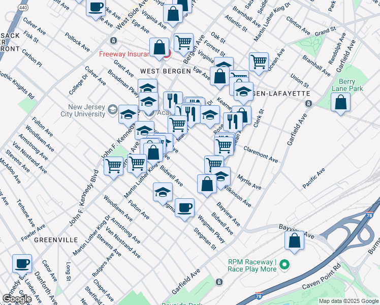 map of restaurants, bars, coffee shops, grocery stores, and more near 53 Bostwick Avenue in Jersey City