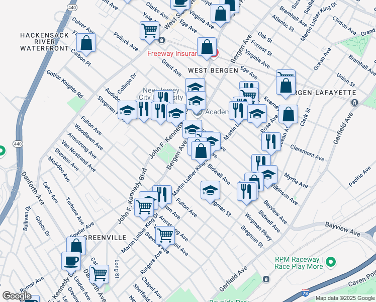 map of restaurants, bars, coffee shops, grocery stores, and more near 215 Bidwell Avenue in Jersey City