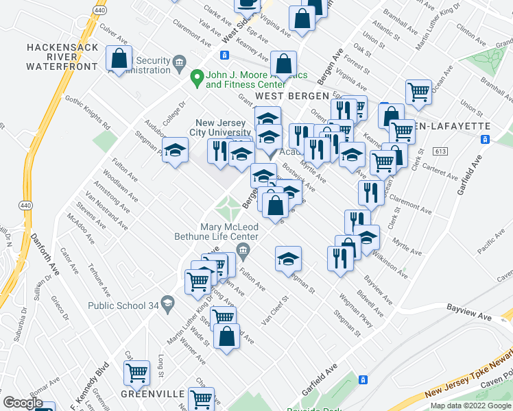 map of restaurants, bars, coffee shops, grocery stores, and more near 215 Bidwell Avenue in Jersey City
