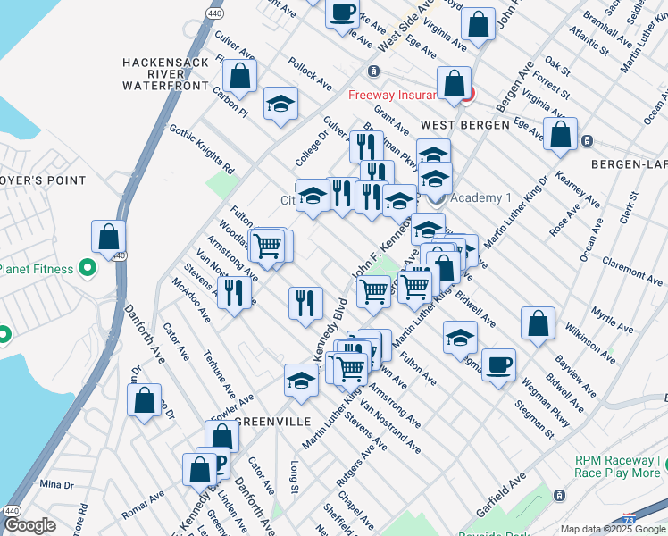 map of restaurants, bars, coffee shops, grocery stores, and more near 4 Westminster Avenue in Jersey City