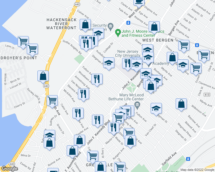 map of restaurants, bars, coffee shops, grocery stores, and more near 299 Fulton Avenue in Jersey City