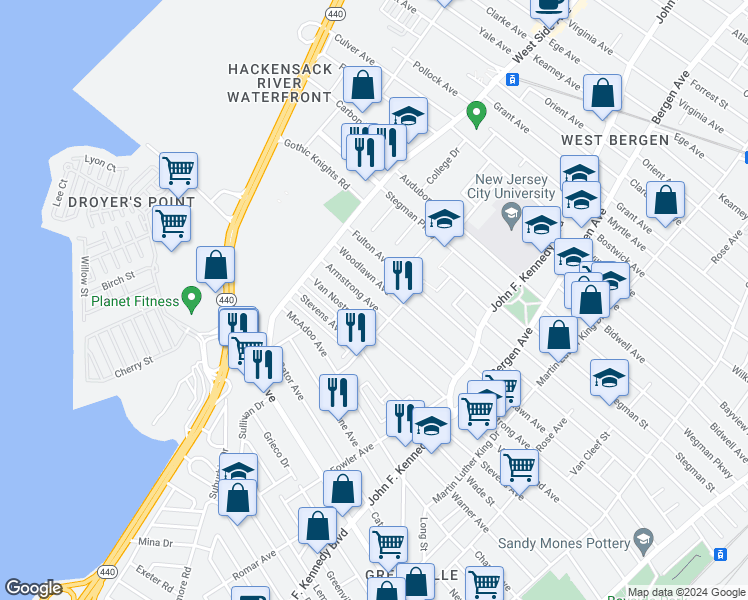 map of restaurants, bars, coffee shops, grocery stores, and more near 346 Van Nostrand Avenue in Jersey City