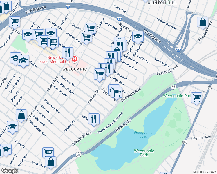 map of restaurants, bars, coffee shops, grocery stores, and more near 59 Lyons Avenue in Newark
