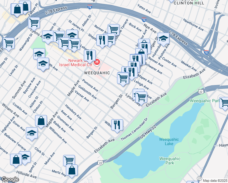map of restaurants, bars, coffee shops, grocery stores, and more near 75 Weequahic Avenue in Newark