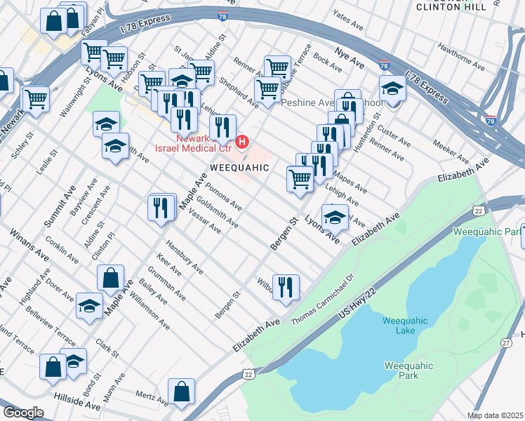 map of restaurants, bars, coffee shops, grocery stores, and more near 97 Pomona Avenue in Newark