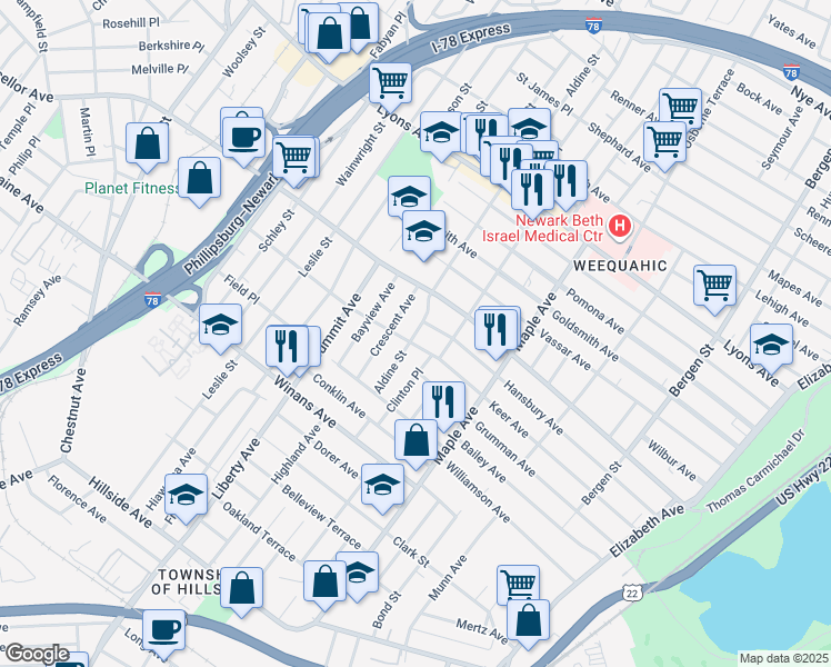 map of restaurants, bars, coffee shops, grocery stores, and more near 219-221 Keer Avenue in Newark