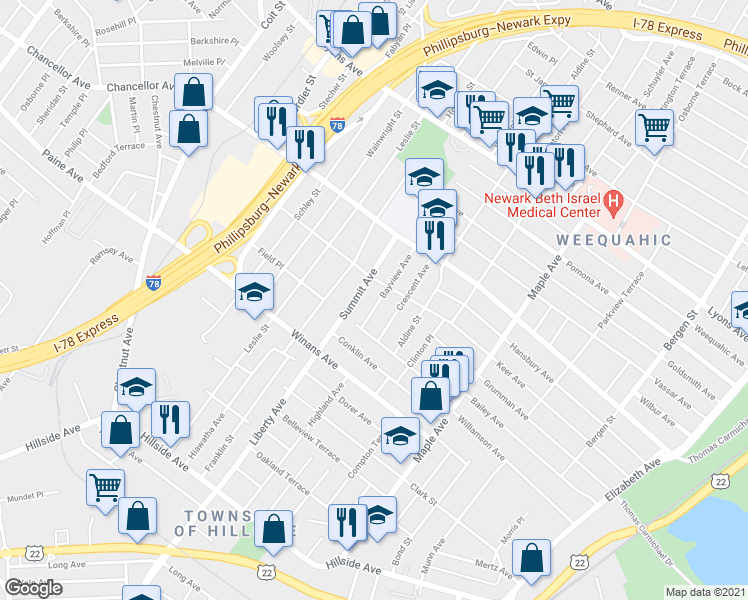 map of restaurants, bars, coffee shops, grocery stores, and more near 1602 Bayview Avenue in Hillside
