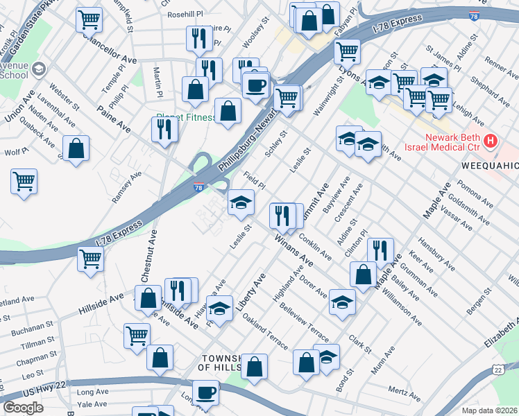 map of restaurants, bars, coffee shops, grocery stores, and more near 357 Winans Avenue in Hillside