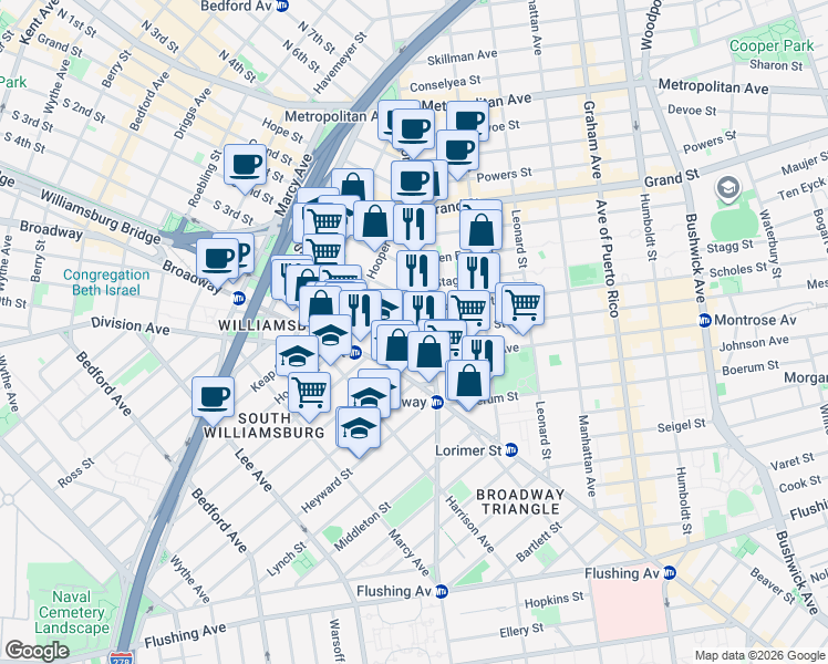 map of restaurants, bars, coffee shops, grocery stores, and more near 436 South 5th Street in Brooklyn