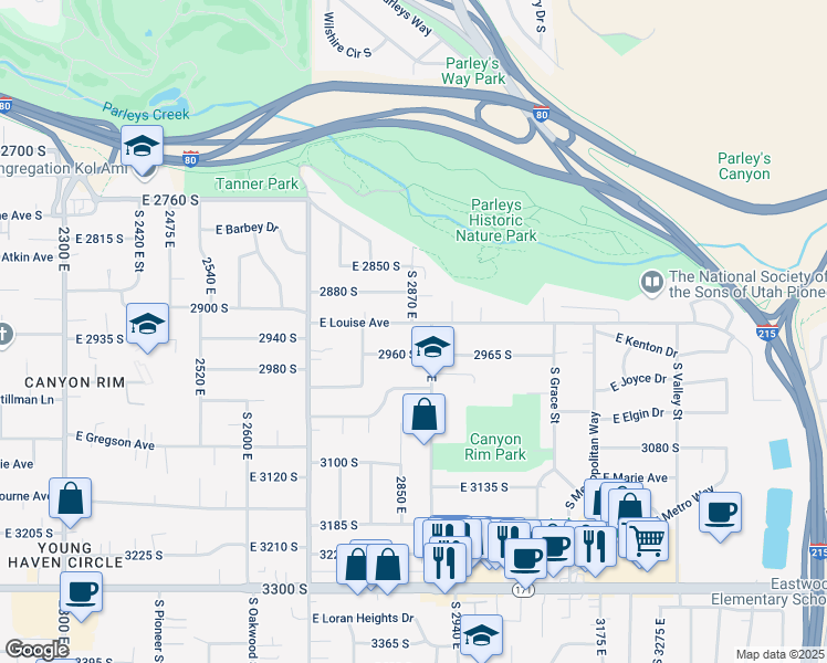 map of restaurants, bars, coffee shops, grocery stores, and more near 2872 East Louise Avenue in Salt Lake City