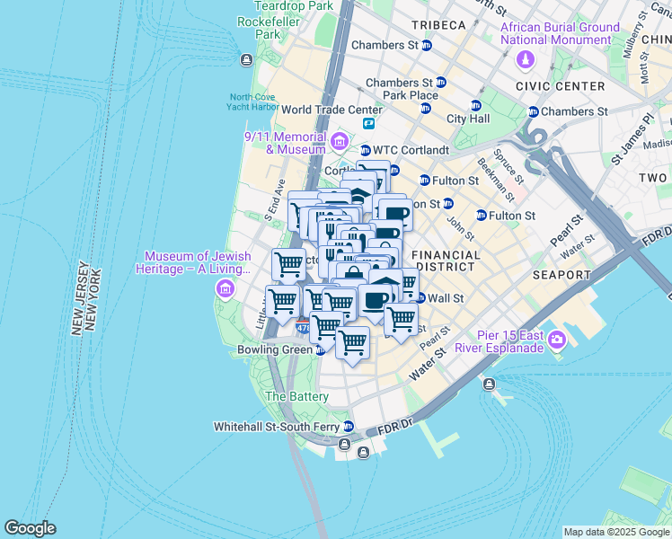 map of restaurants, bars, coffee shops, grocery stores, and more near 77 Greenwich Street in New York