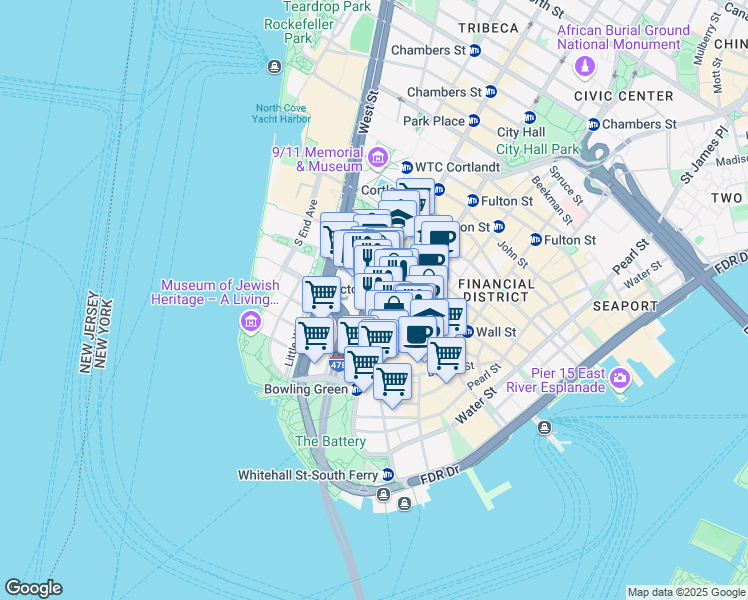 map of restaurants, bars, coffee shops, grocery stores, and more near 77 Greenwich Street in New York