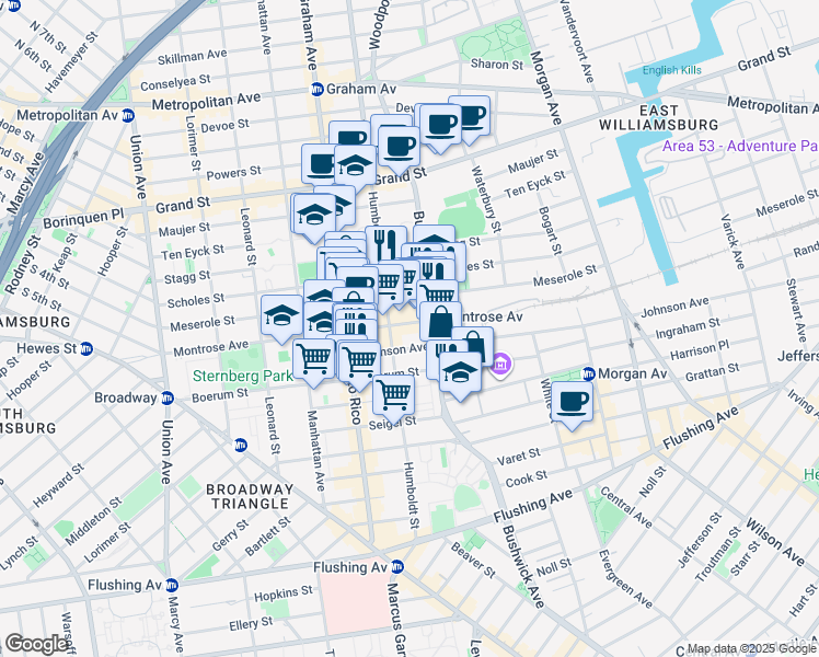 map of restaurants, bars, coffee shops, grocery stores, and more near 221 Johnson Avenue in Brooklyn