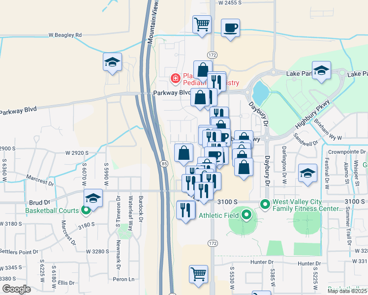 map of restaurants, bars, coffee shops, grocery stores, and more near 2895 Malcolm Place in West Valley City
