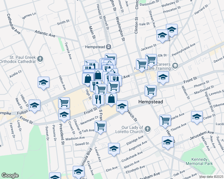 map of restaurants, bars, coffee shops, grocery stores, and more near 35A Main Street in Hempstead