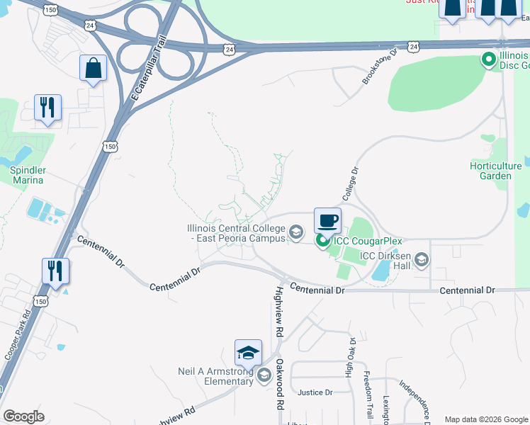 map of restaurants, bars, coffee shops, grocery stores, and more near 100 Woodview Lane in East Peoria