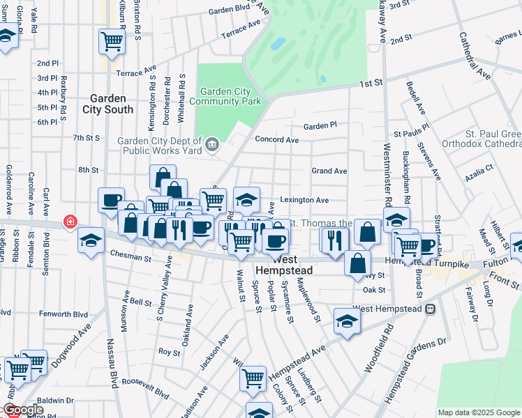 map of restaurants, bars, coffee shops, grocery stores, and more near 347 William Street in West Hempstead