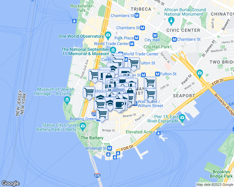 map of restaurants, bars, coffee shops, grocery stores, and more near 82 Broadway in New York