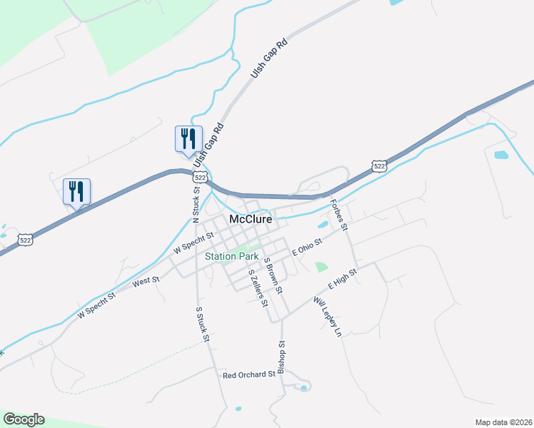 map of restaurants, bars, coffee shops, grocery stores, and more near 20 E Railroad Rd in McClure