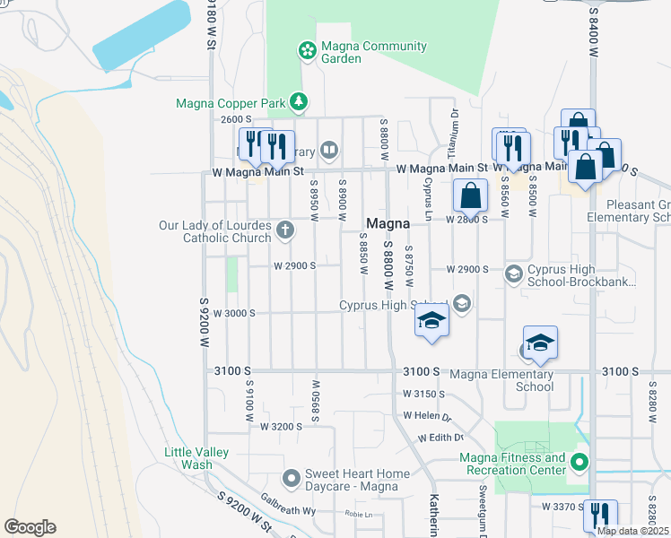 map of restaurants, bars, coffee shops, grocery stores, and more near 2924 South 8900 West in Magna