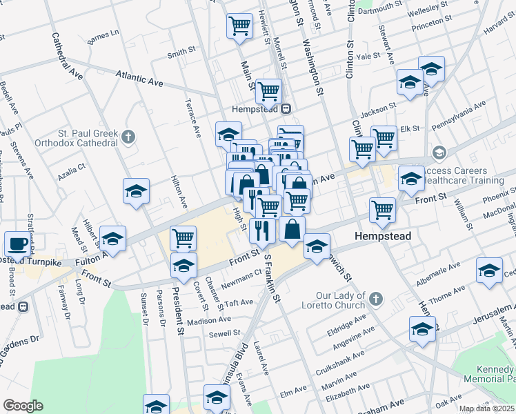 map of restaurants, bars, coffee shops, grocery stores, and more near 36-38 North Franklin Street in Hempstead