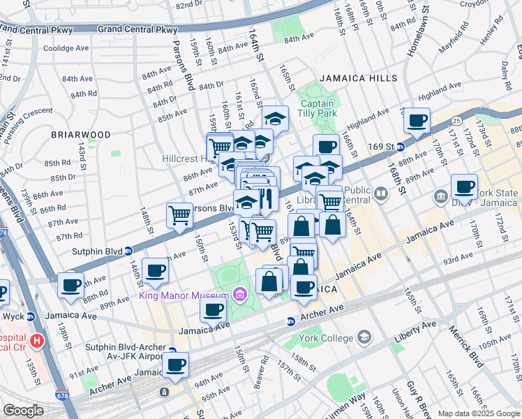 map of restaurants, bars, coffee shops, grocery stores, and more near 87-71 Parsons Boulevard in Queens