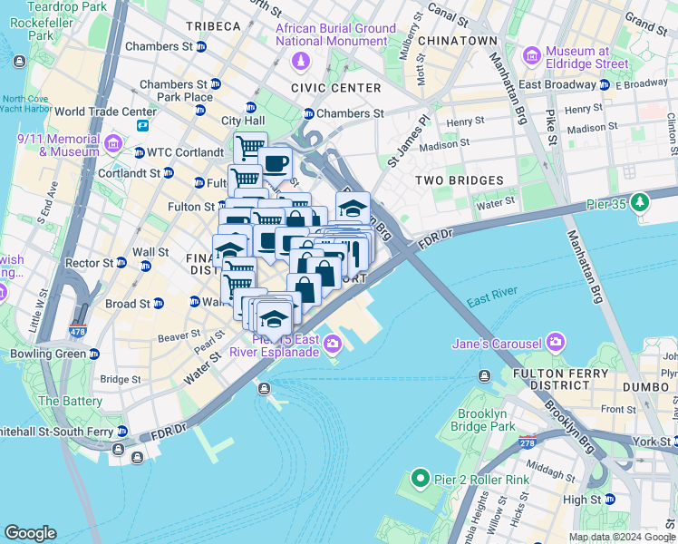 map of restaurants, bars, coffee shops, grocery stores, and more near 214 Front Street in New York