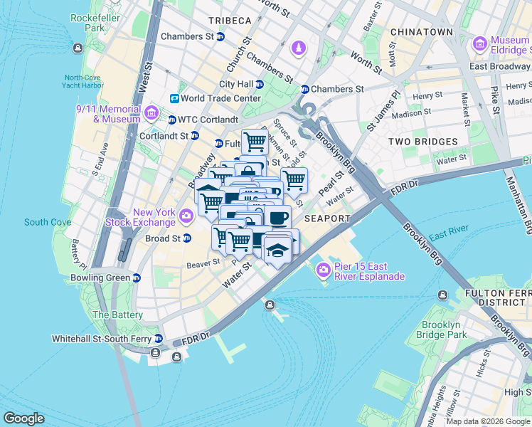map of restaurants, bars, coffee shops, grocery stores, and more near 101 Maiden Lane in New York
